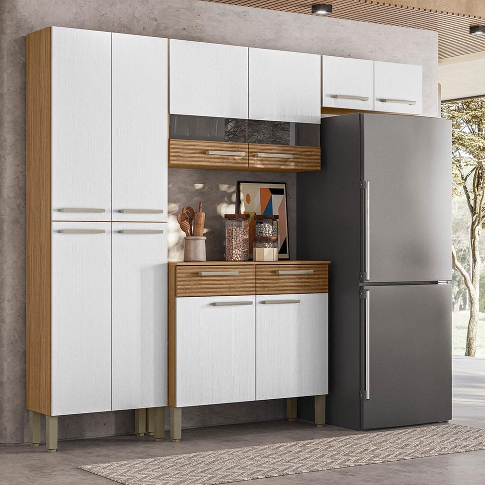 Armário de Cozinha Compacta Nala 8 Portas, 2 Gavetas e Balcão com Tampo em MDP Freijó/Supremo/CP-Ripado Freijó - Kits Paraná