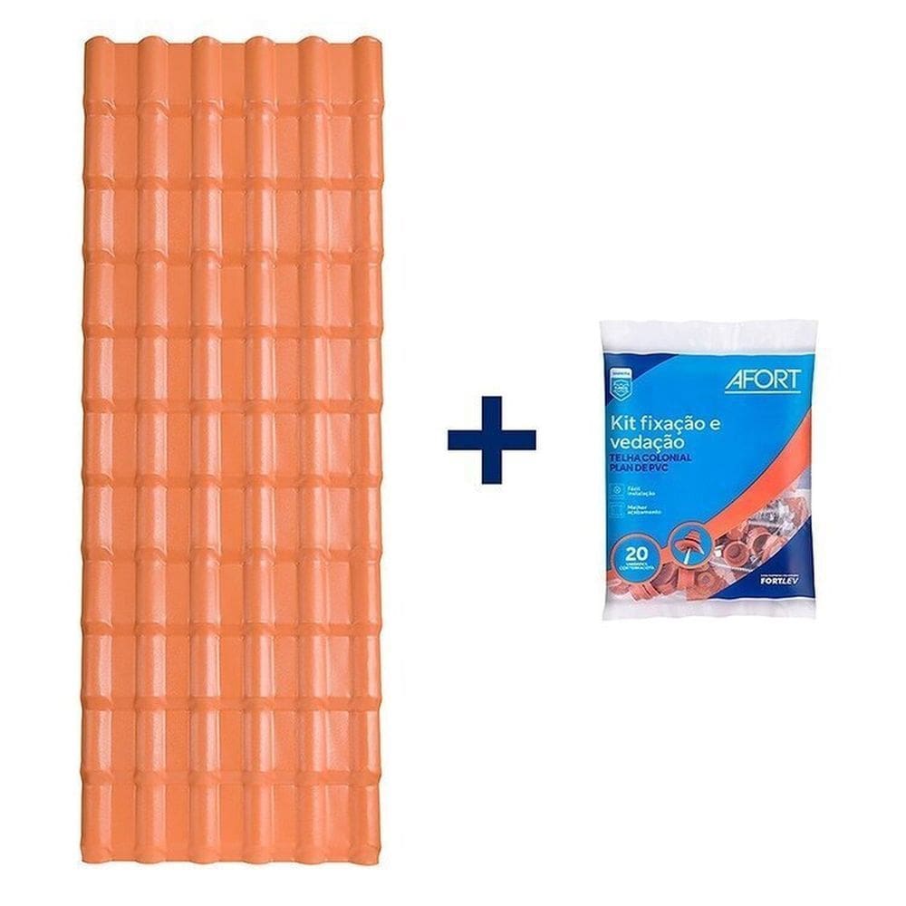 Kit com 5 Telhas Plan Pvc 2,42x0,88 6 Ondas com 4 Kit Fixação e Vedação afort Marrom