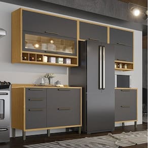 Cozinha Modulada Completa 5 Peças 8 Portas e Vidro Reflecta 280cm 100% MDF Vicenza Espresso Móveis Amêndoa/Cinza