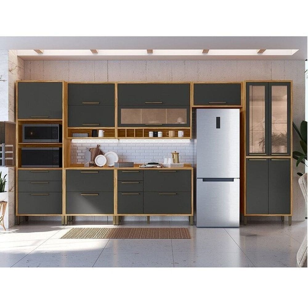Cozinha Modulada Completa 7 Peças 14 Pts e Vidro Reflecta 429cm 100% MDF Vicenza Espresso Móveis Amêndoa/Cinza