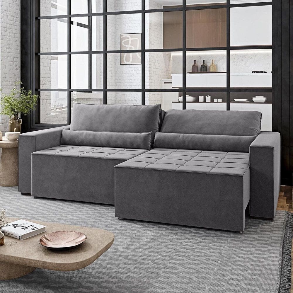 Sofá Cama 4 Lugares Retrátil e Reclinável Master Cinza