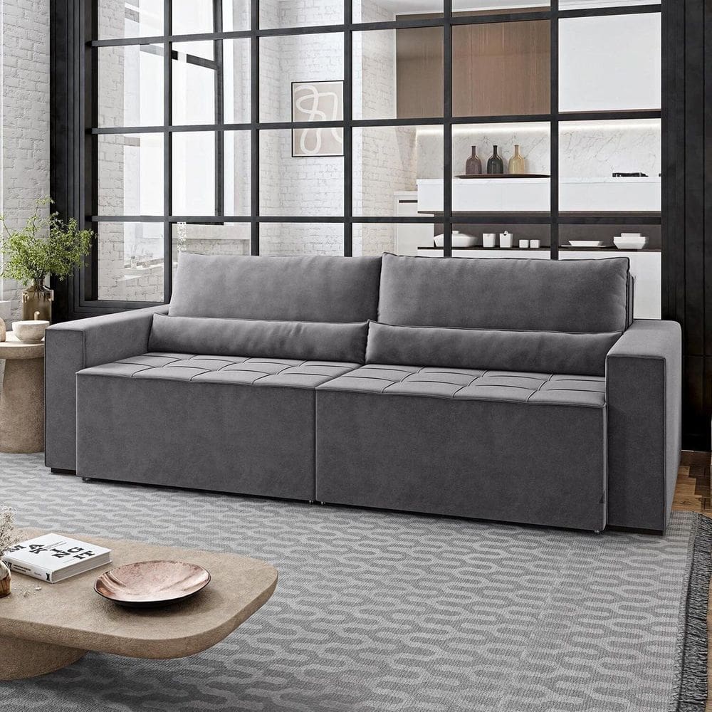 Sofá Cama 4 Lugares Retrátil e Reclinável Master Cinza