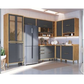 Cozinha Modulada de Canto 8 Peças 14 Portas e Vidro Reflecta 321cm 100% MDF Vicenza Espresso Móveis Amêndoa/Cinza