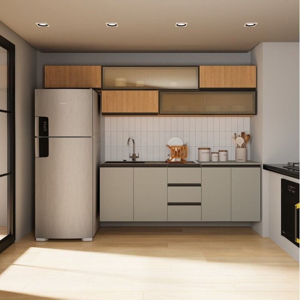 Cozinha Modulada 7 Peças 5 Aéreos 2 Balcões Nara Cabecasa Madeiramadeira Avena/Cinza Claro
