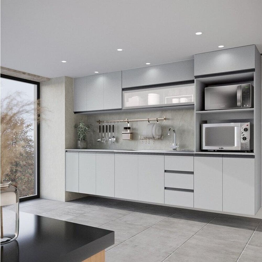 Cozinha Modulada 8 Peças 4 Aéreos 3 Balcões 1 Torre Quente Nara Cabecasa Madeiramadeira Cinza Claro