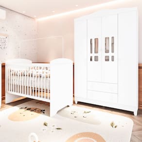 Quarto de Bebe Completo Berço 3 em 1 Eloá e Roupeiro Ariel Branco