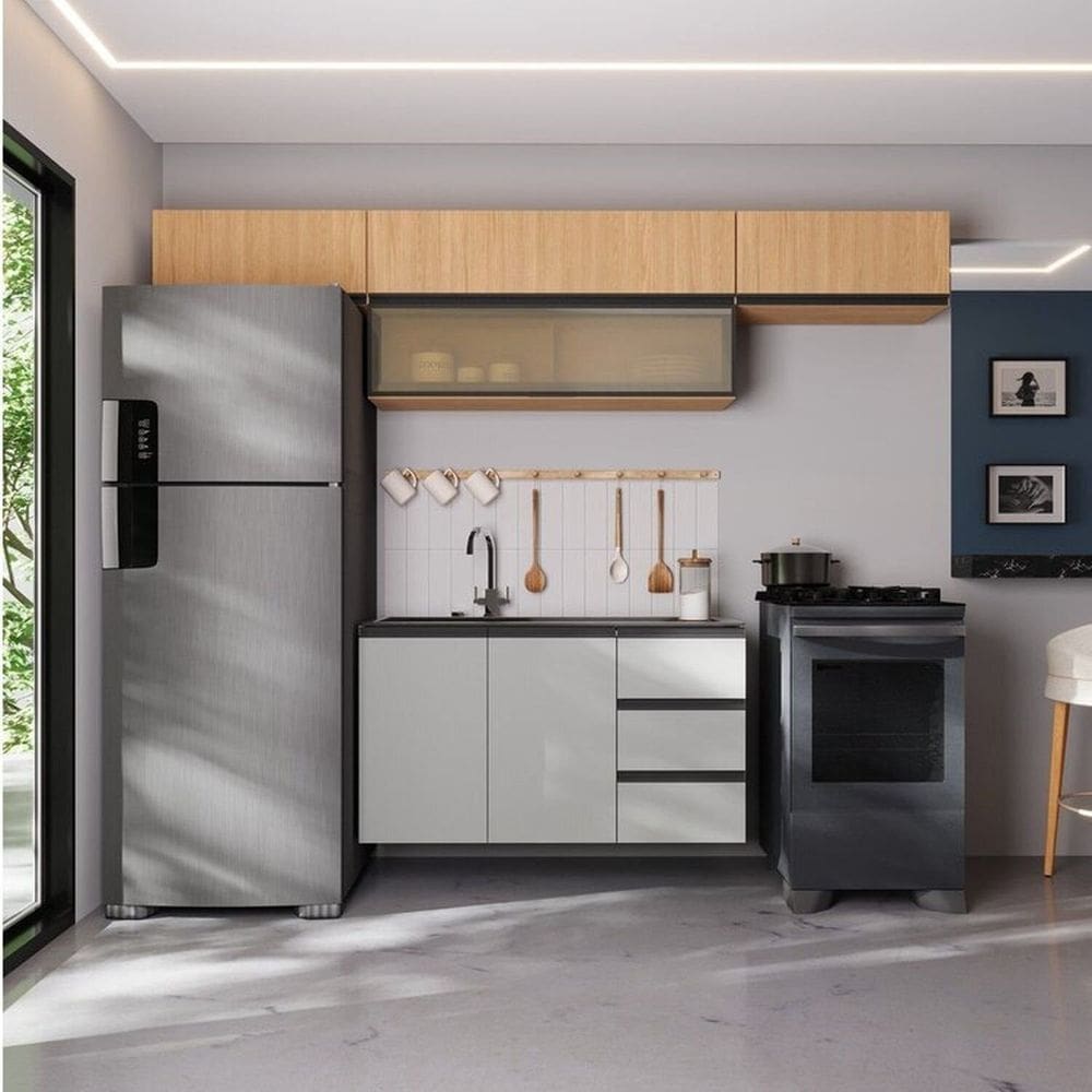 Cozinha Modulada 5 Peças 4 Aéreos 1 Balcão Nara Cabecasa Madeiramadeira Avena/Cinza Claro