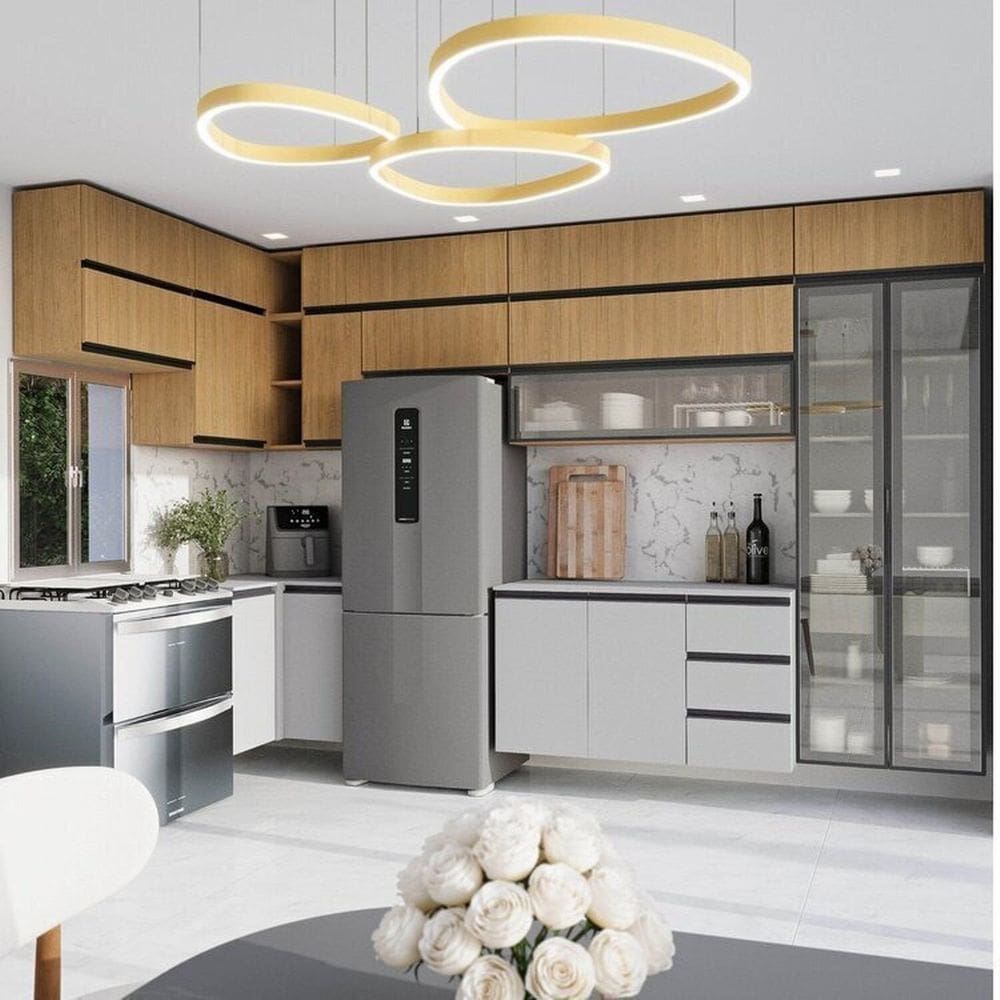 Cozinha Modulada 15 Peças 11 Aéreos 3 Balcões 1 Cristaleira Nara Cabecasa Madeiramadeira Avena/Cinza Claro