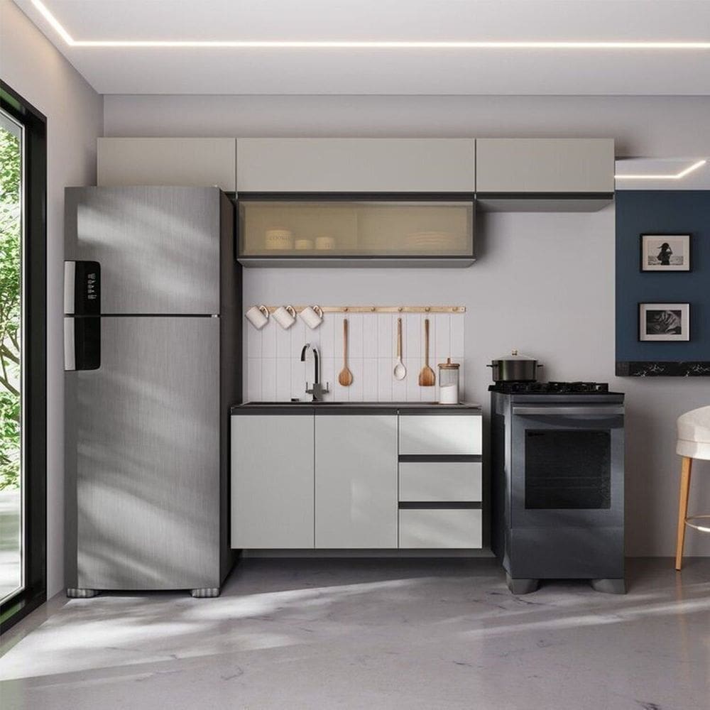 Cozinha Modulada 5 Peças 4 Aéreos 1 Balcão Nara Cabecasa Madeiramadeira Cinza Claro
