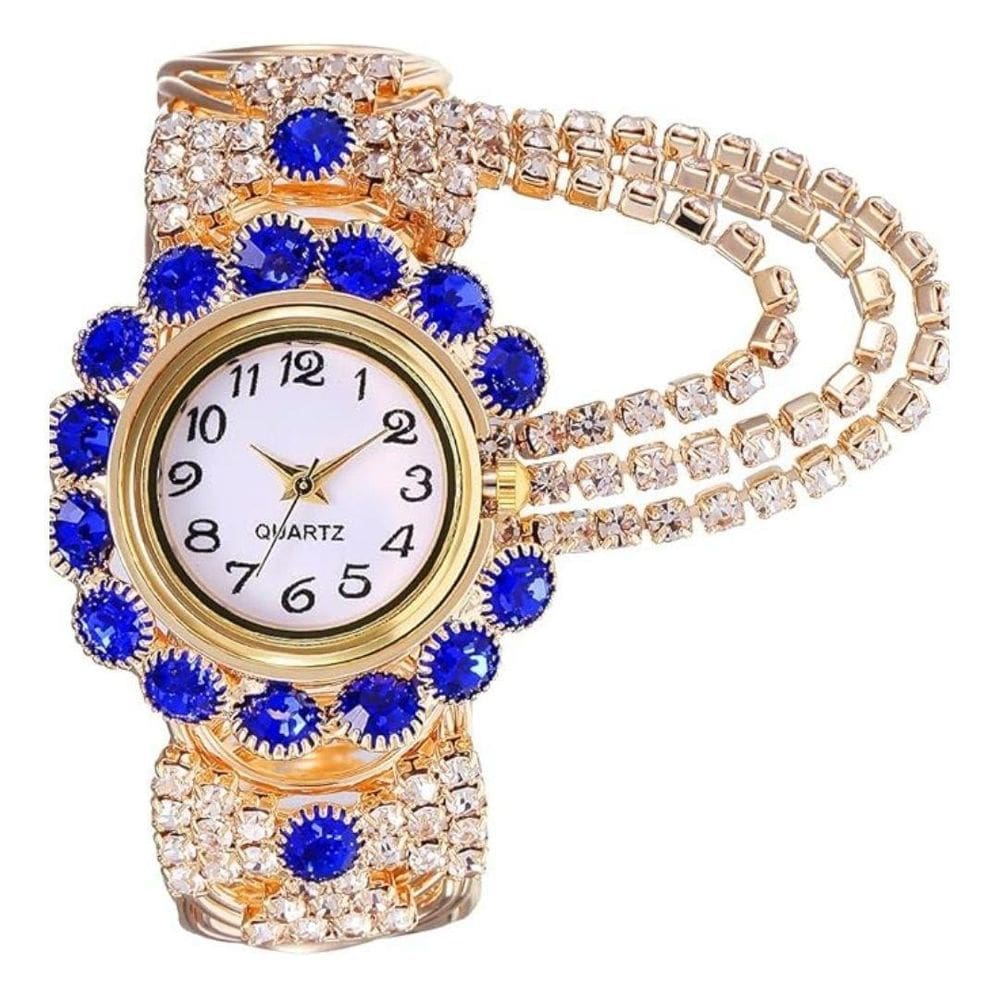 Relógio Feminino Dourado Com Strass Azul Quartz