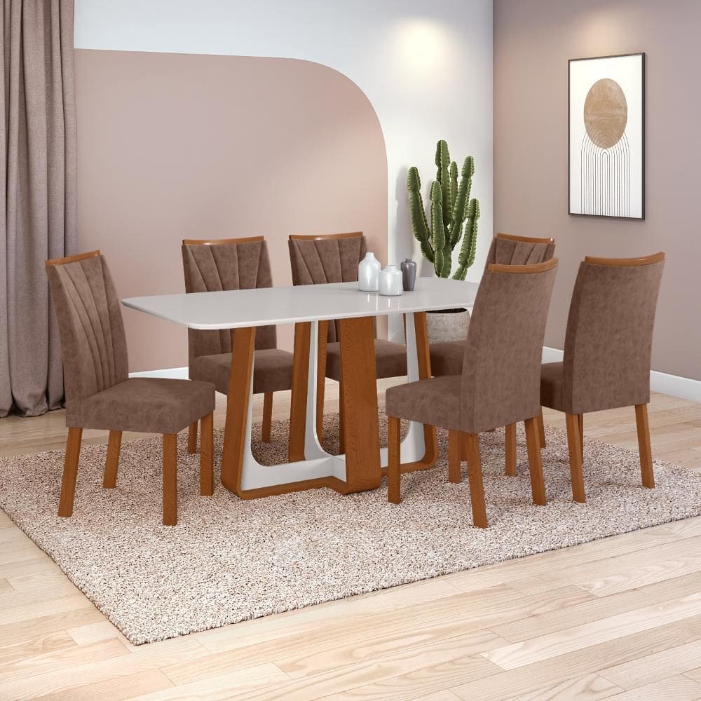 Conjunto Sala de Jantar Mesa Easy Pop 170x90cm Tampo Vidro/MDF com 6 Cadeiras Confort Couro Morano Avelã Frassino/off White