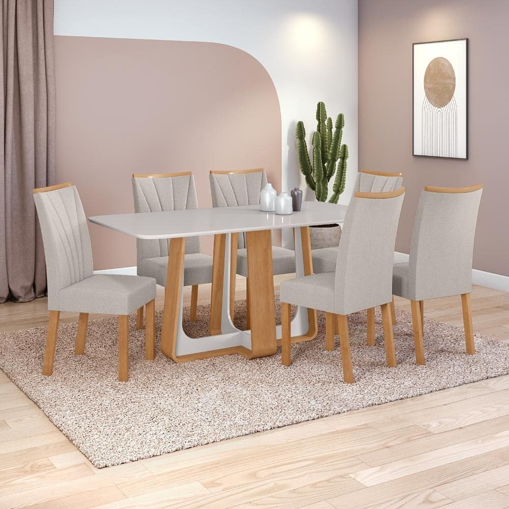 Conjunto Sala de Jantar Mesa Easy Pop 170x90cm Tampo Vidro/MDF com 6 Cadeiras Confort Linho Mosaico Cinza Amendoa Clean/off White