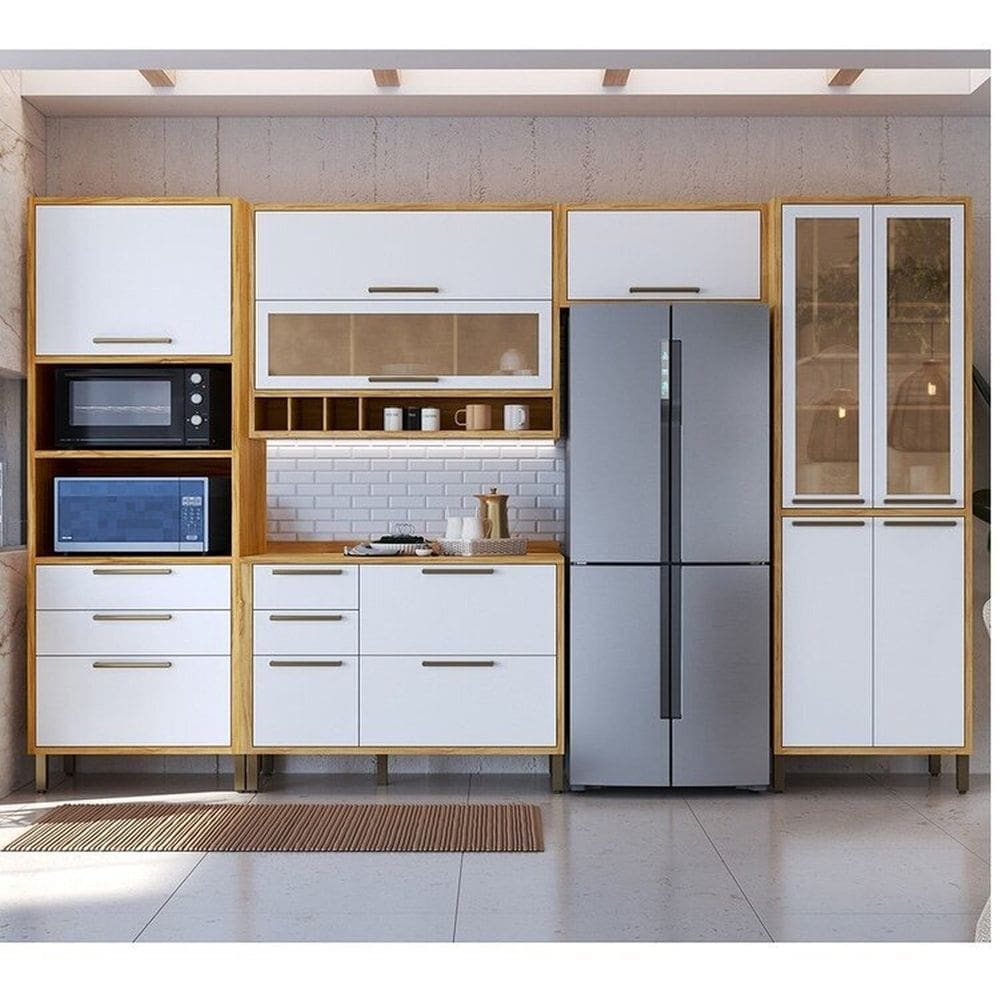 Cozinha Modulada Completa 5 Peças 11 Portas e Vidro Reflecta 349cm 100% Mdf Vicenza Espresso Móveis Amêndoa/Branco