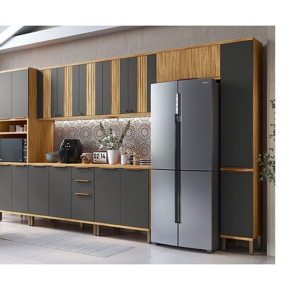 Cozinha Modulada Completa 7 Peças 16 Portas e Tampo 385cm 100% Mdf Noruega Canelada Espresso Móveis Amêndoa/Cinza
