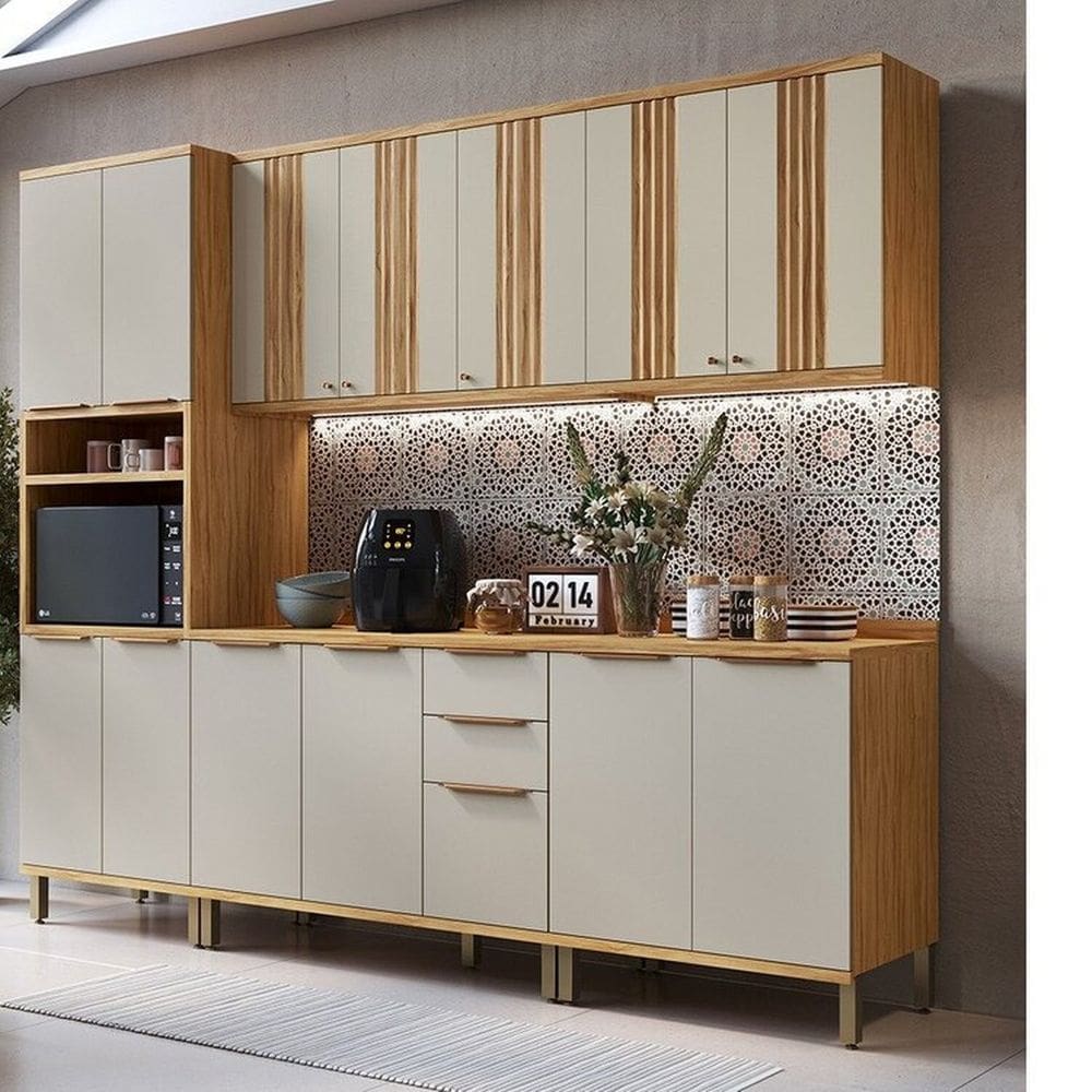 Cozinha Modulada Completa 5 Peças 13 Portas e Tampo 270cm 100% Mdf Noruega Canelada Espresso Móveis Amêndoa/Off White