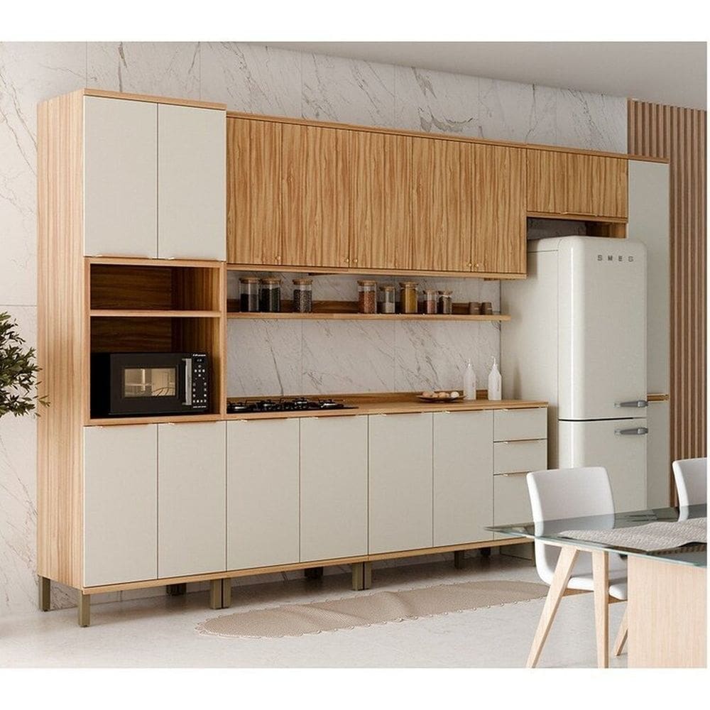 Cozinha Modulada Completa 7 Peças 16 Portas com Tampo 385cm 100% Mdf Noruega Espresso Móveis Amêndoa/Off White
