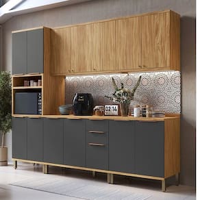 Cozinha Modulada Completa 5 Peças 13 Portas com Tampo 270cm 100% Mdf Noruega Espresso Móveis Amêndoa/Cinza