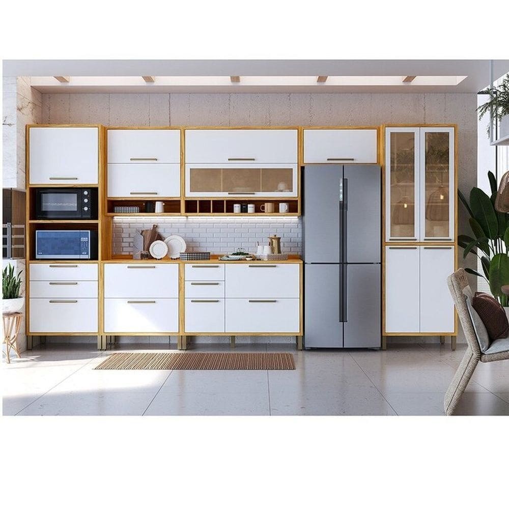 Cozinha Modulada Completa 7 Peças 14 Portas e Vidro Reflecta 429cm 100% Mdf Vicenza Espresso Móveis Amêndoa/Branco
