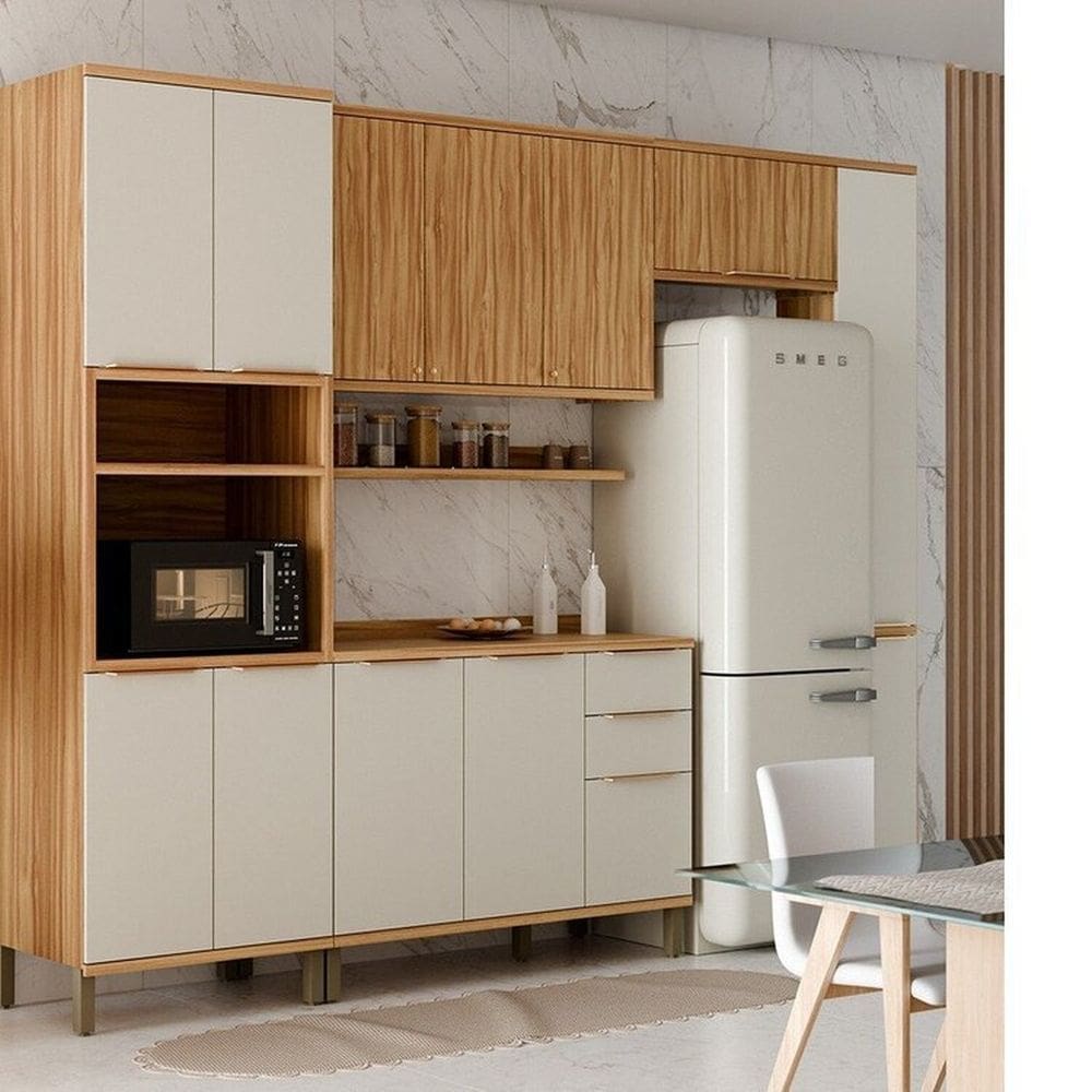 Cozinha Modulada Completa 5 Peças 12 Portas com Tampo 305cm 100% Mdf Noruega Espresso Móveis Amêndoa/Off White