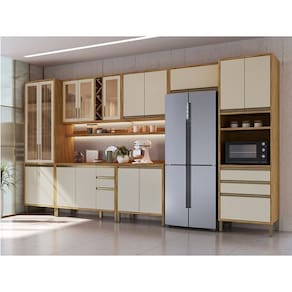 Cozinha Modulada Completa 7 Peças 17 Portas com Vidro e Tampo 100% Mdf Barbados Espresso Móveis Amêndoa/Off White