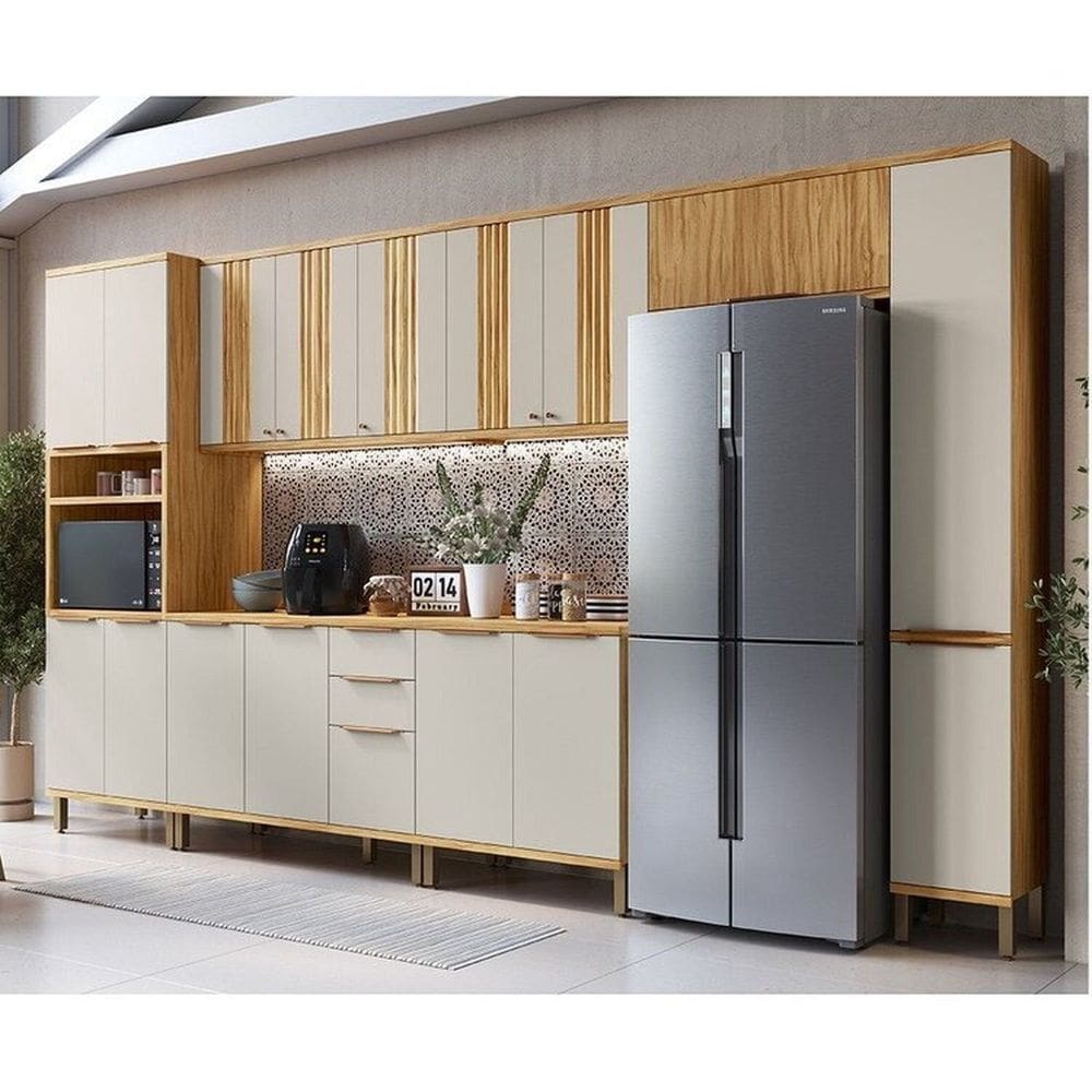 Cozinha Modulada Completa 7 Peças 16 Portas e Tampo 385cm 100% Mdf Noruega Canelada Espresso Móveis Amêndoa/Off White