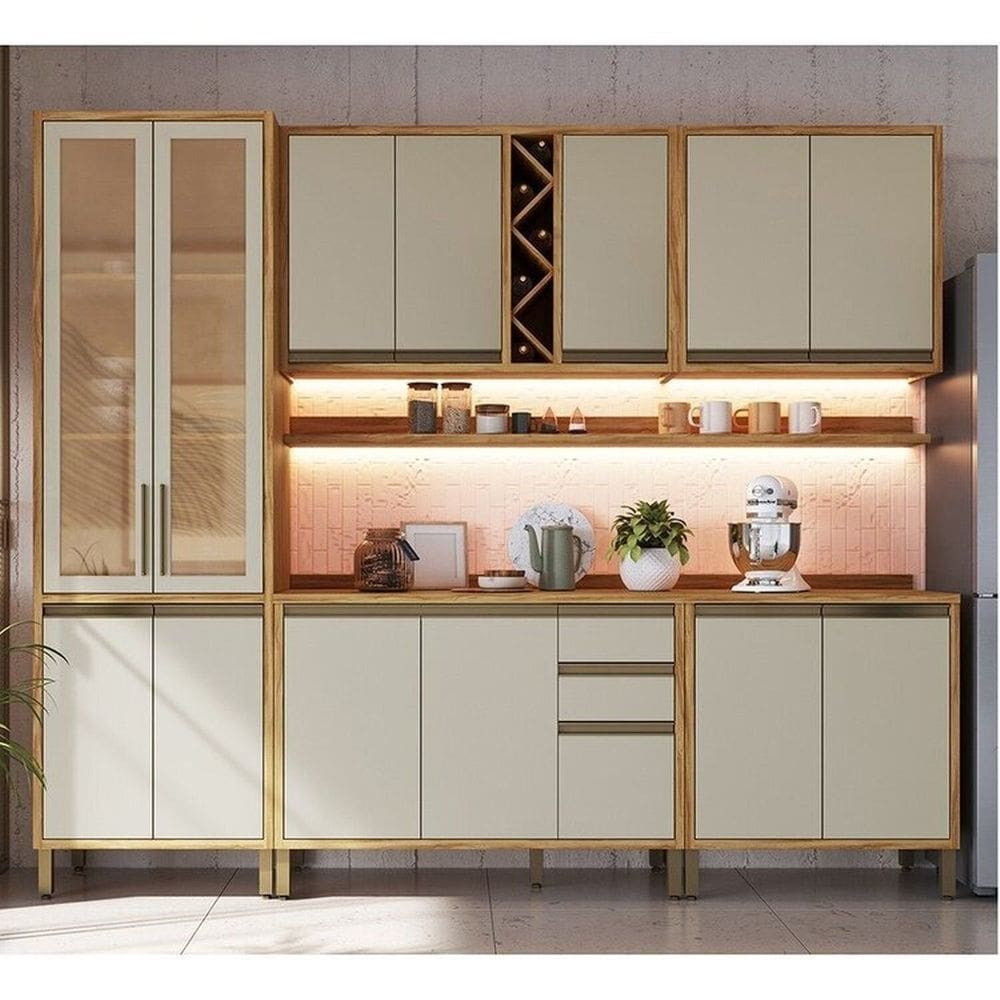 Cozinha Modulada Completa 5 Peças 13 Portas com Vidro e Tampo 100% Mdf Barbados Espresso Móveis Amêndoa/Off White