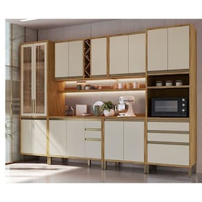 Cozinha Modulada Completa 6 Peças 16 Portas com Vidro e Tampo 100% Mdf Barbados Espresso Móveis Amêndoa/Off White