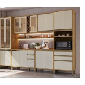 Cozinha Modulada Completa 6 Peças 16 Portas com Vidro e Tampo 100% Mdf Barbados Espresso Móveis Amêndoa/Off White