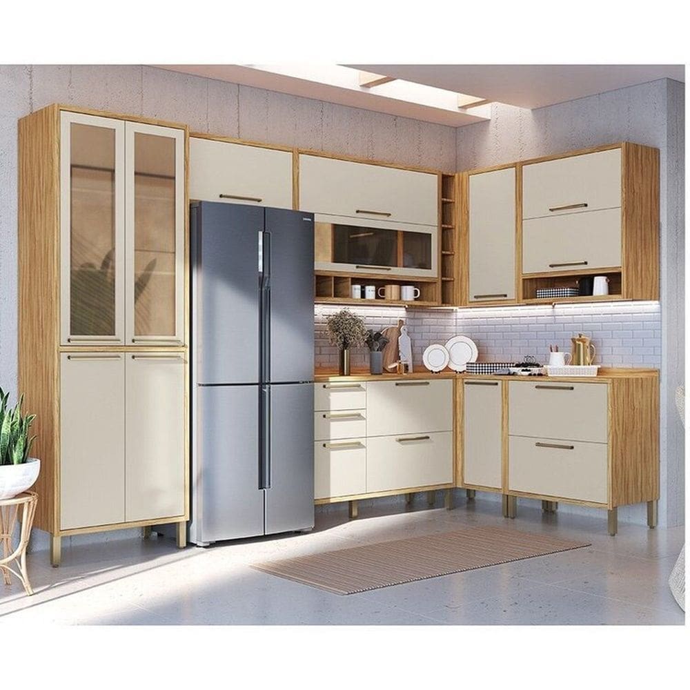Cozinha Modulada de Canto 8 Peças 14 Portas e Vidro Reflecta 321cm 100% Mdf Vicenza Espresso Móveis Amêndoa/Off White