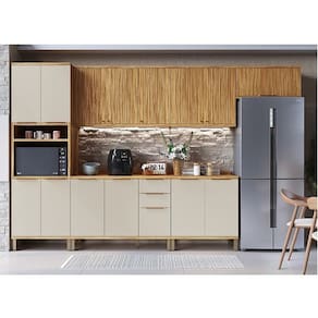 Cozinha Modulada Completa 6 Peças 14 Portas com Tampo 350cm 100% Mdf Noruega Fresada Espresso Móveis Amêndoa/Off White