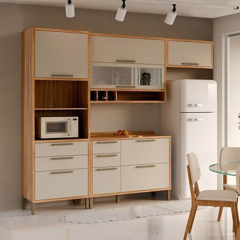 Cozinha Modulada Compacta 4 Peças 7 Portas e Vidro Reflecta 274cm 100% Mdf Vicenza Espresso Móveis Amêndoa/Off White