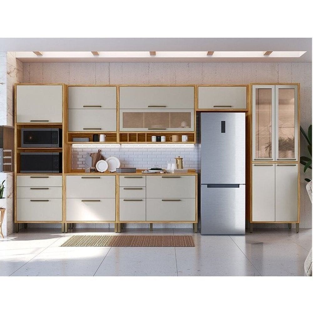 Cozinha Modulada Completa 7 Peças 14 Pts e Vidro Reflecta 429cm 100% Mdf Vicenza Espresso Móveis Amêndoa/Off White