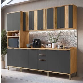Cozinha Modulada Completa 5 Peças 13 Portas e Tampo 270cm 100% Mdf Noruega Canelada Espresso Móveis Amêndoa/Cinza