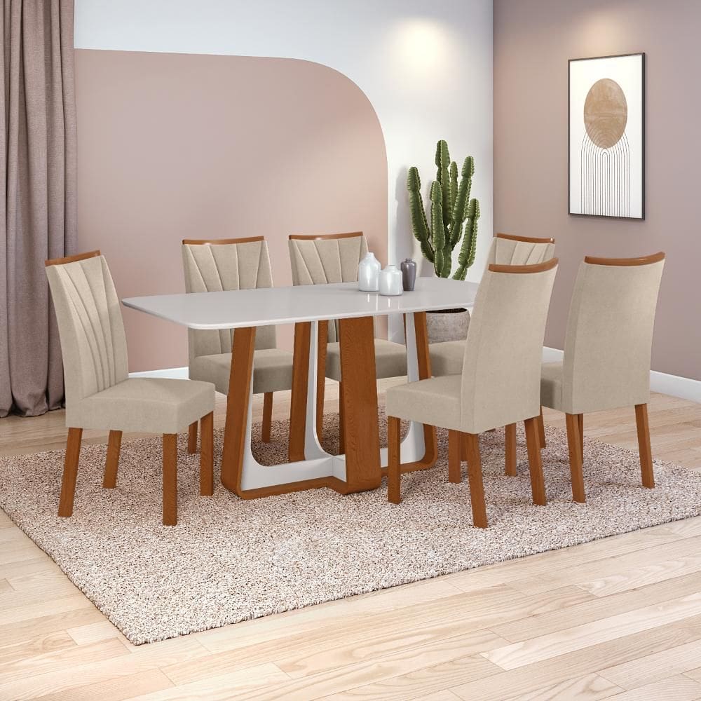 Conjunto Sala de Jantar Mesa Easy Pop 170x90cm Tampo Vidro/MDF com 6 Cadeiras Confort Veludo Naturale Creme Frassino/off White