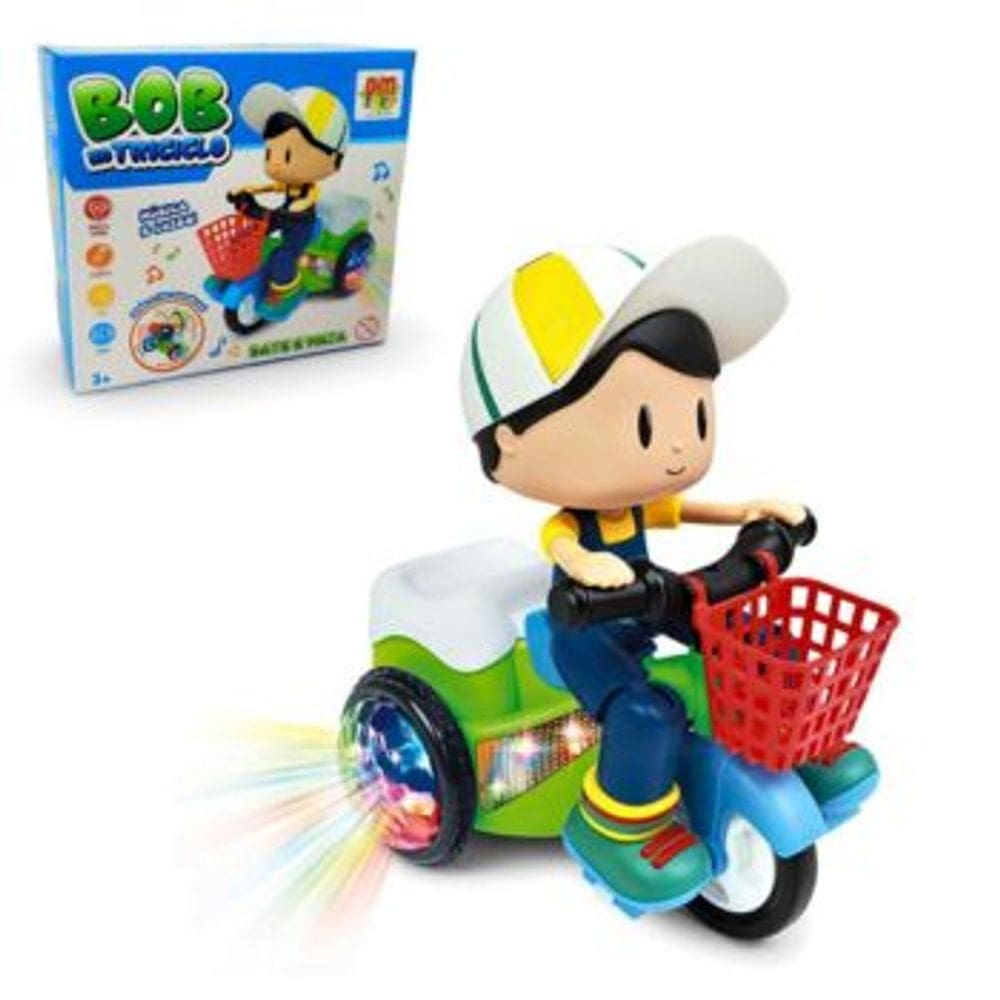 Bob no Triciclo Bate e Volta DM Toys com Boneco Articulado Brinquedo Recreativo com Luz e Som