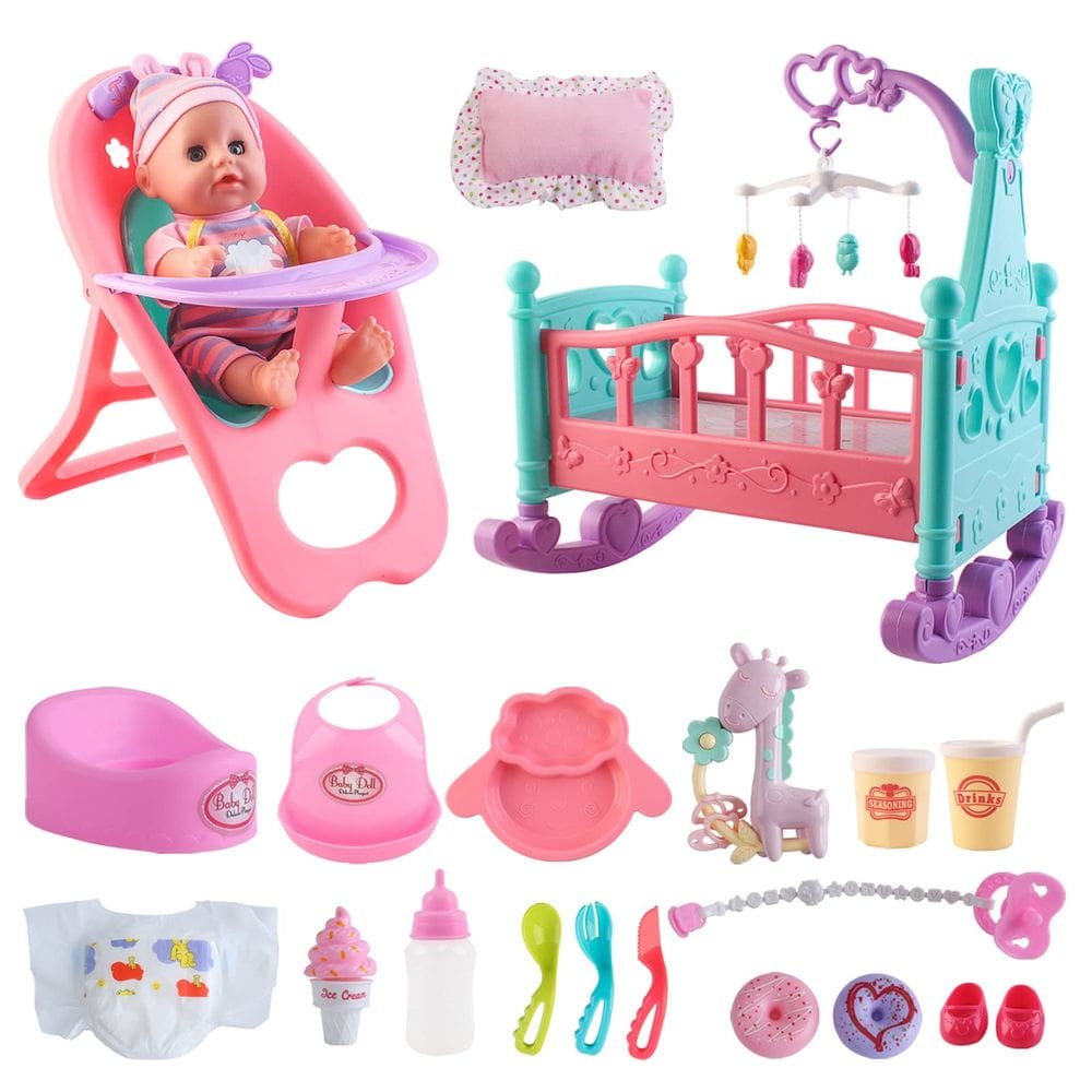 Conjunto de jogos Baby Doll DeAo My First 12” com berço e cadeira alta