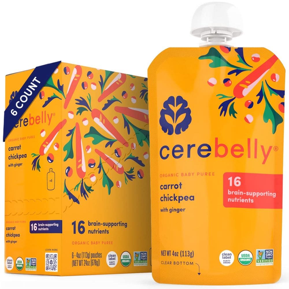 Bolsas de comida para bebês Cerebelly, 6 meses ou mais, vegetais orgânicos, 4 onças, 6 quilates