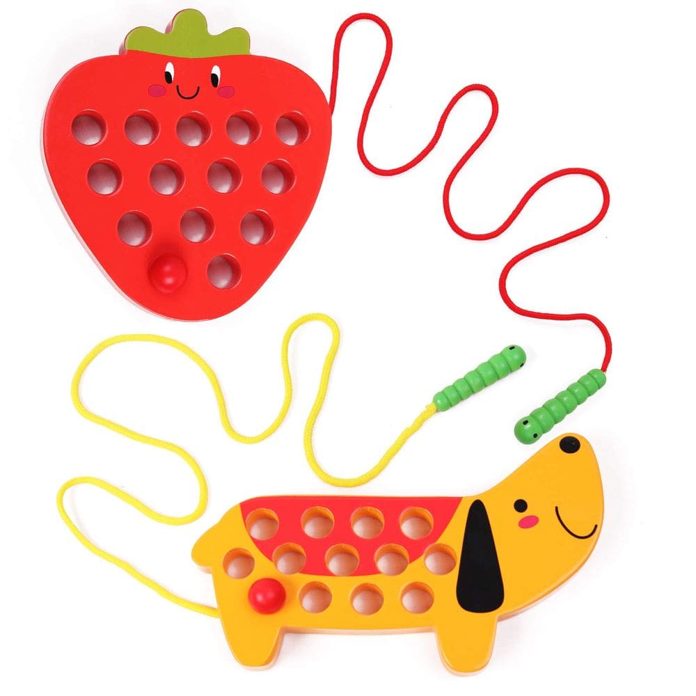 Brinquedo Lacing Threading GEMEM Wooden para crianças de 3 anos com 1 morango e 1 cachorro