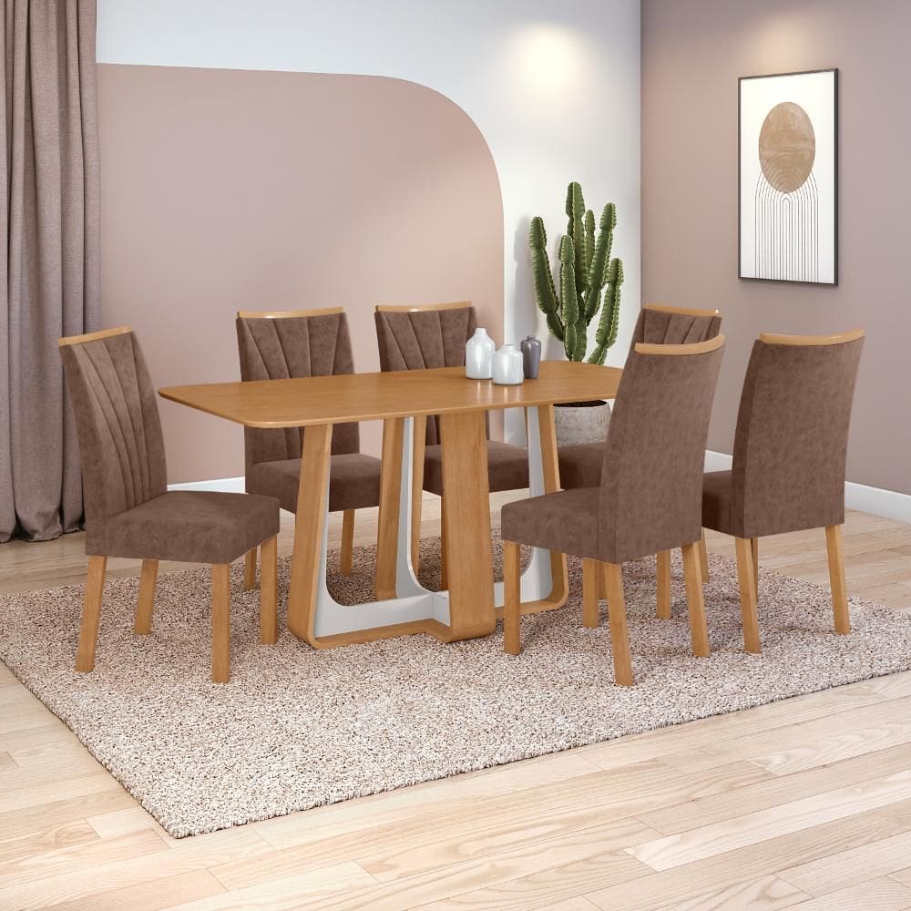 Conjunto Sala de Jantar Mesa Easy Pop 170x90cm Tampo MDF com 6 Cadeiras Confort Couro Morano Avelã Amêndoa/Off White