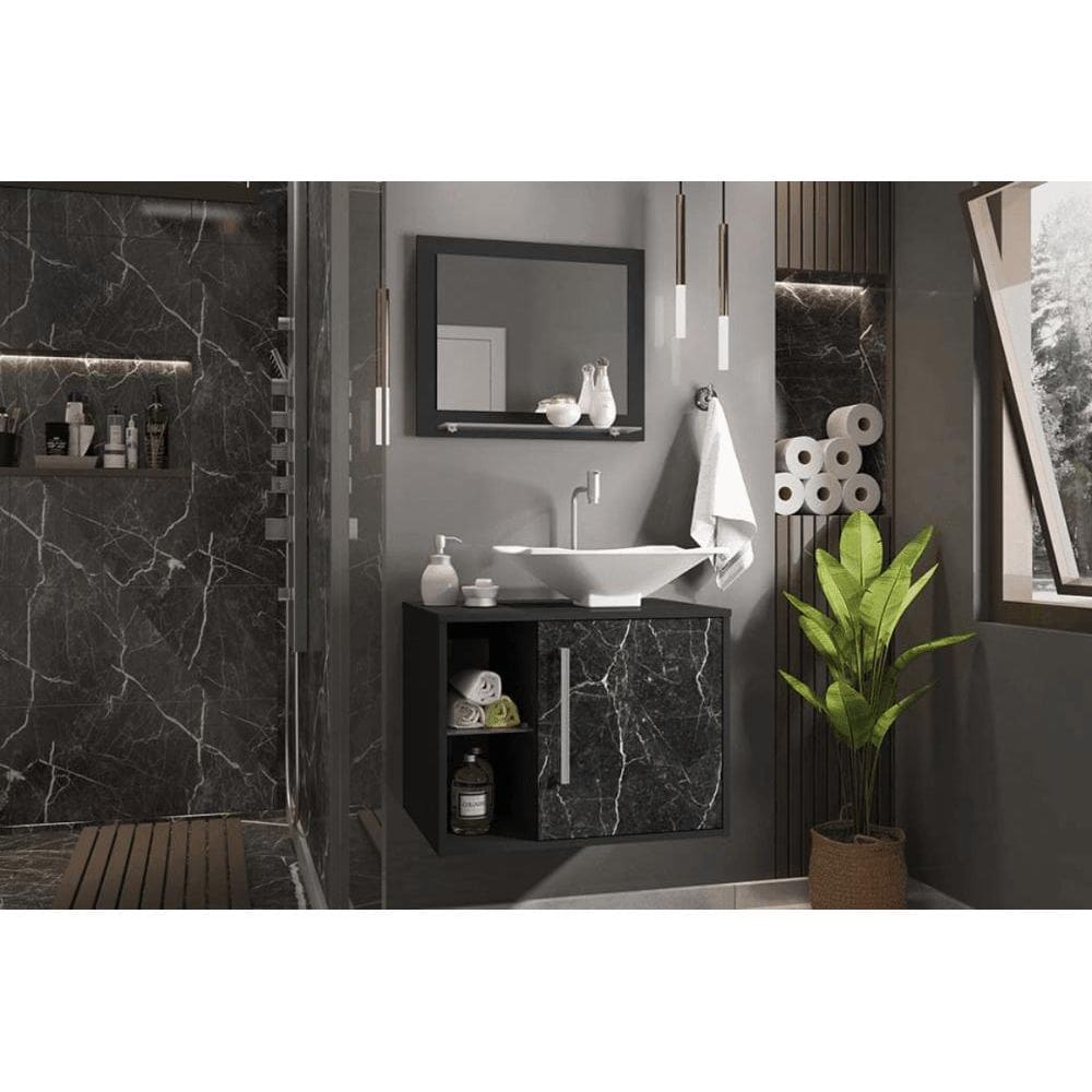 Conj Gabinete e Espelheira Bremen p/ Banheiro Preto Fosco/Nero