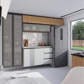 Cozinha Modulada 5 Peças 3 Aéreos 1 Balcão 1 Cristaleira Nara Cabecasa Madeiramadeira Avena/Cinza Claro