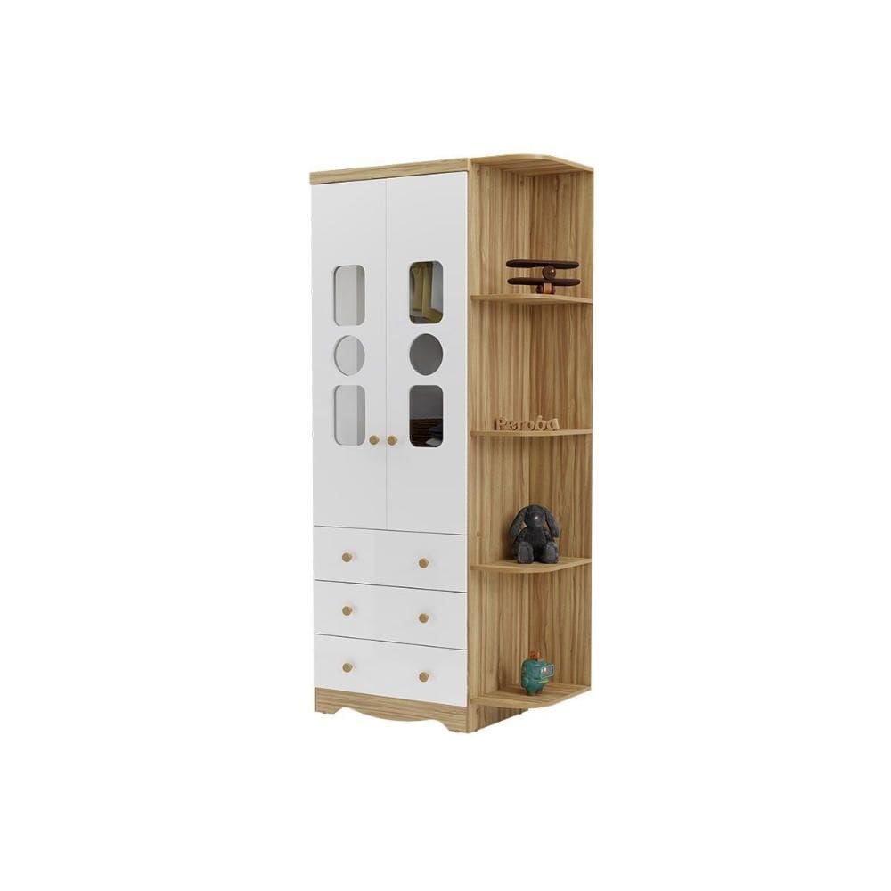 Guarda Roupa Infantil c/ 2 Portas Cristal e 3 Gavetas Tedy Branco/Amendoa - Peroba