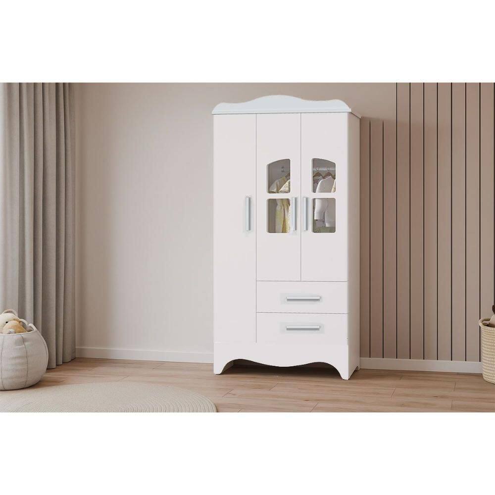 Guarda Roupa Infantil c/ 3 Portas (2 Cristal) e 2 Gavetas Lisi Branco - Peroba