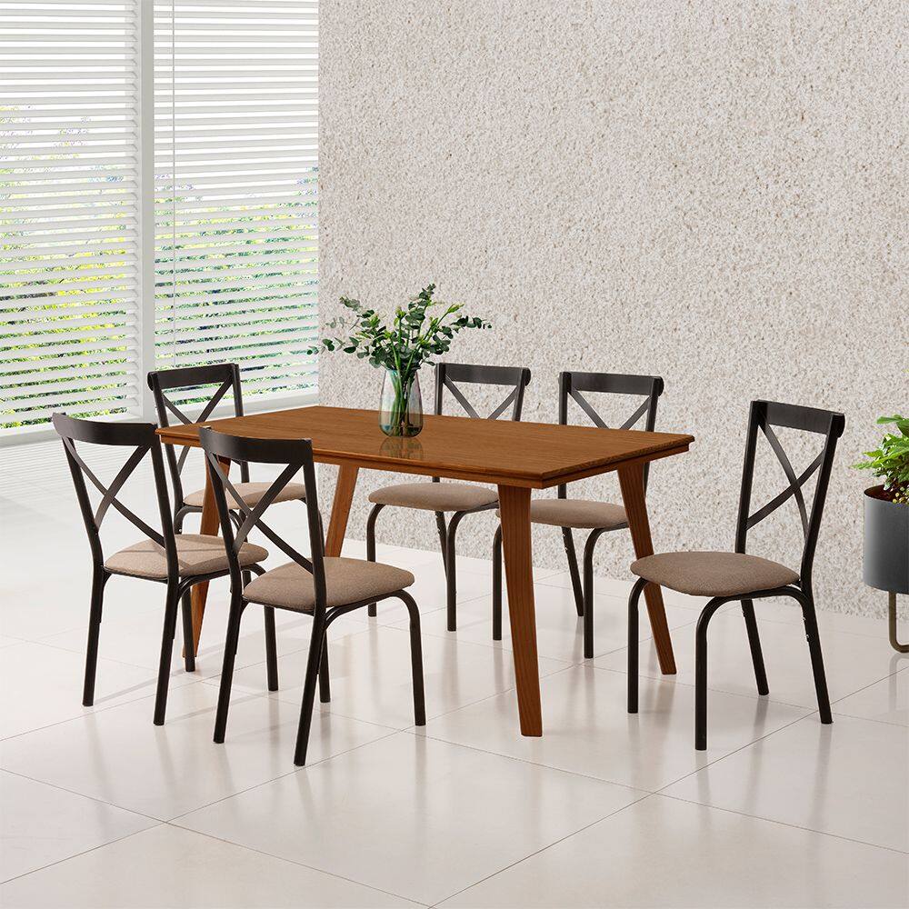 Mesa Sala de Jantar Industrial em Madeira Maciça Millena com 6 Cadeiras Karen Preta 160x80 Castanho