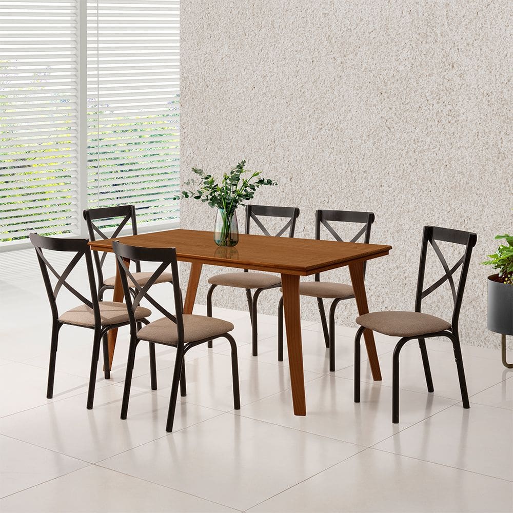 Mesa Sala de Jantar em Madeira Maciça Millena 160x80 com 6 Cadeiras Karen Preta - Castanho
