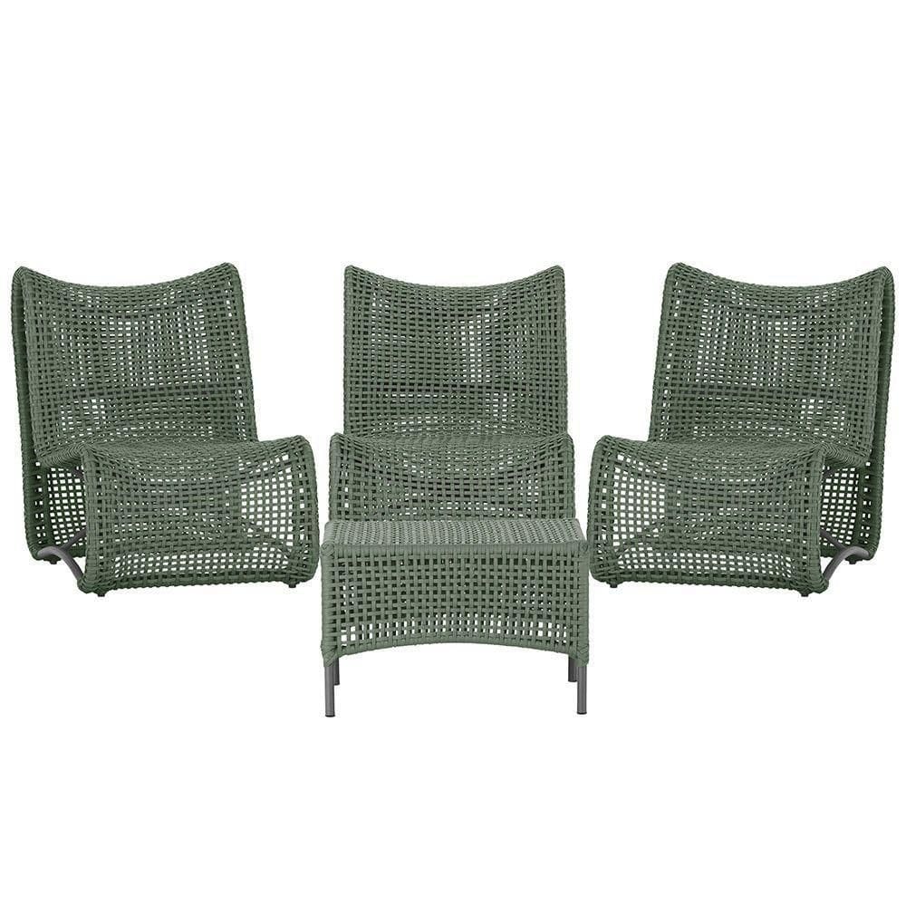 3 Poltronas E Mesa Texas Alumínio Preto Corda Náutica Trama Verde