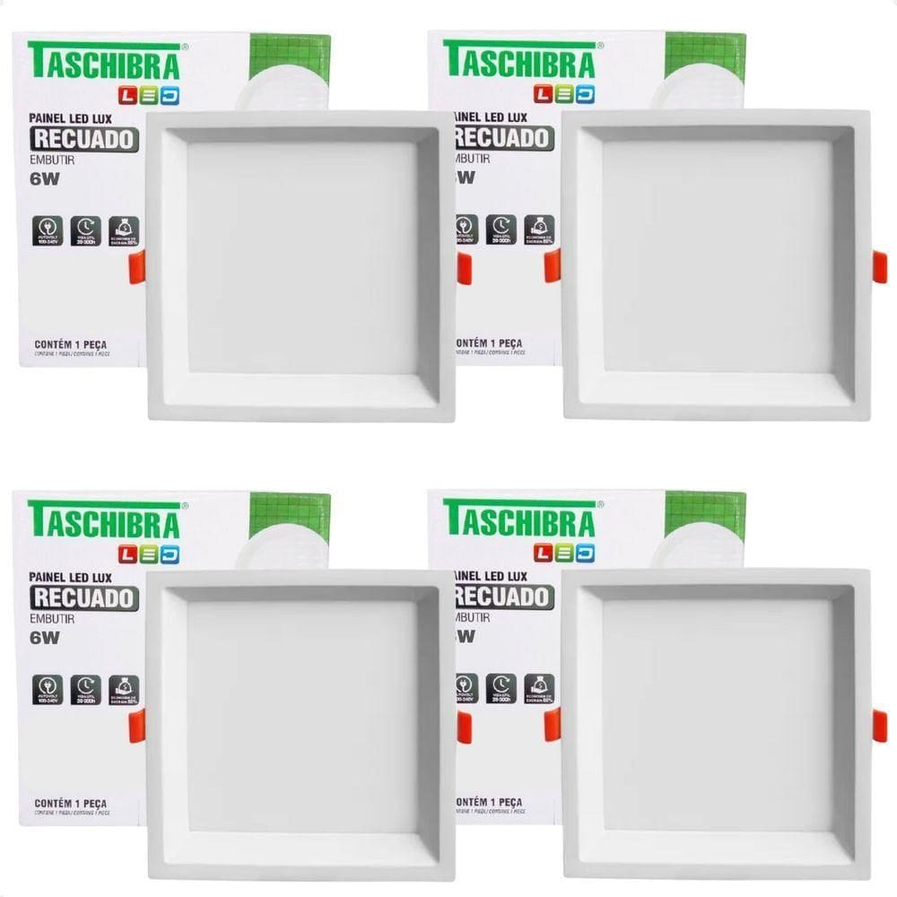 Kit 4 Painel De Led Quadrado Embutir Recuado 6w Bivolt Taschibra 6500k Frio