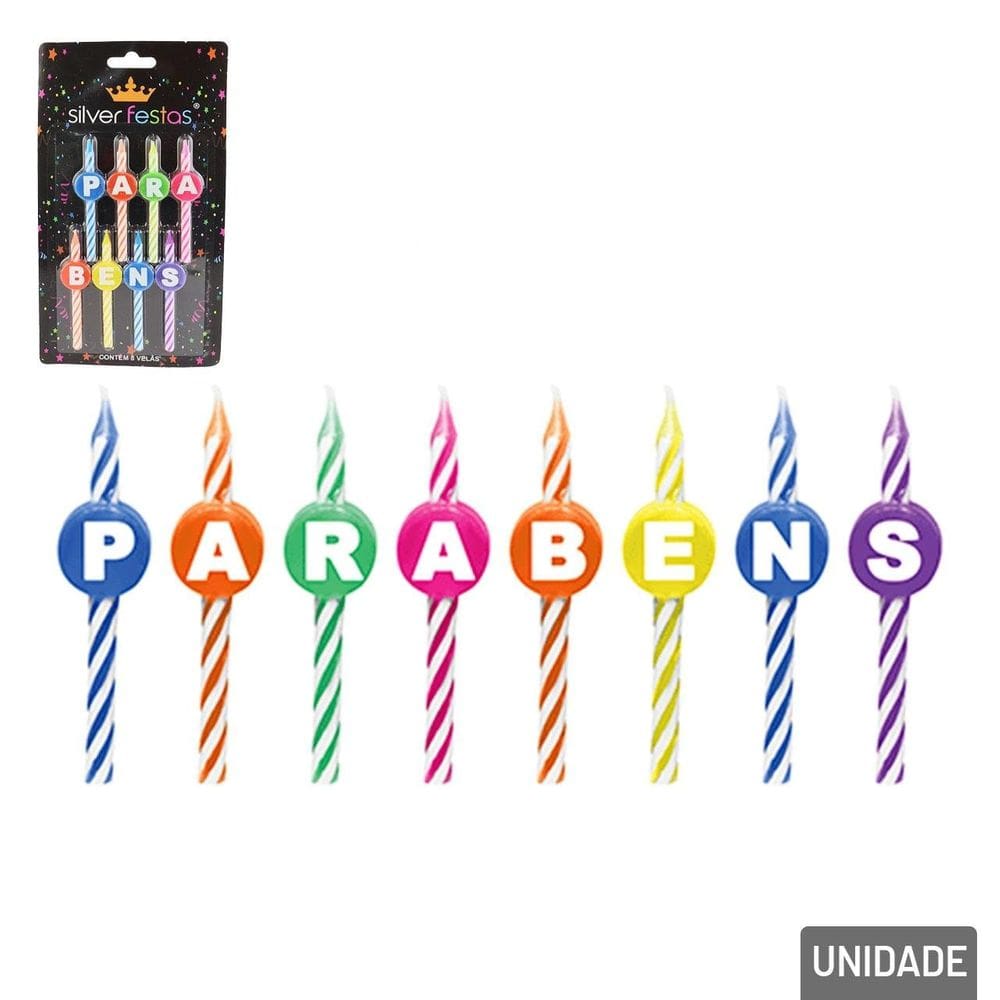 Vela Aniversário 8 Peças Parabéns Cores - Tudo em Caixa