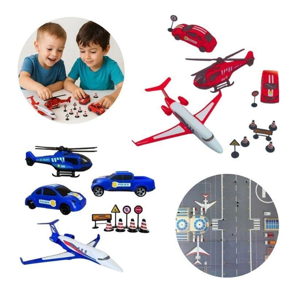 Kit Missão Resgate Carrinho Helicóptero Avião De Brinquedo