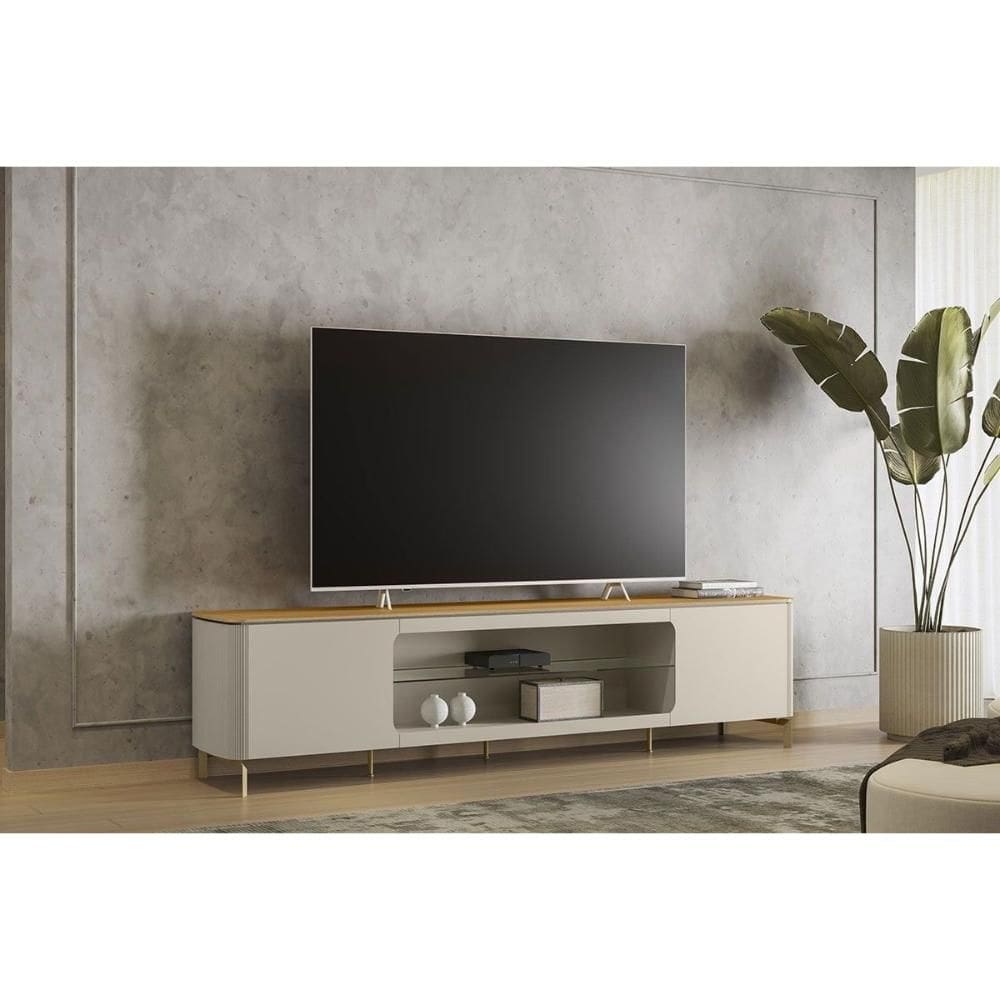 Rack Bancada p/ TV até 85 Pol Santorini c/ 2 Portas 1 Prateleira de Vidro e 2 Nicho 239cm Tauari/Off White Fosco - Linea Brasil